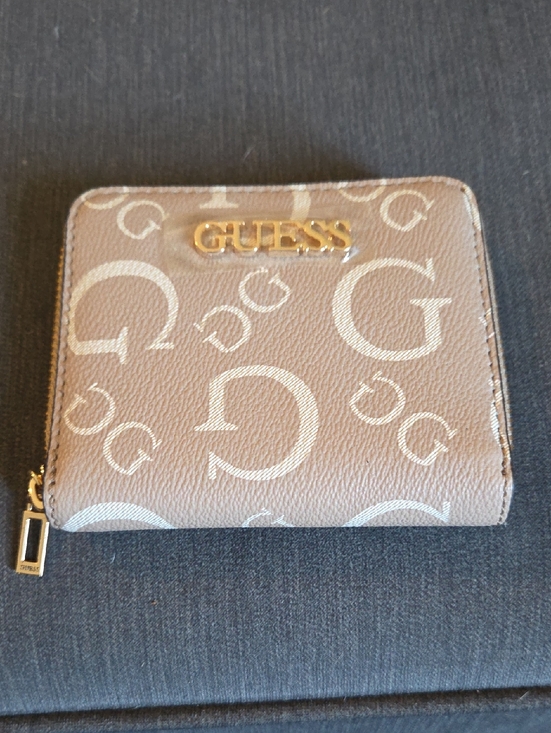 Guess Handbags - GUESS Taupe Monogram Zip Wallet with Gold Logo